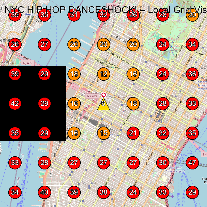 NYC HIP HOP DANCESHOCK! GeoGrid visibility map for Dance School in New York